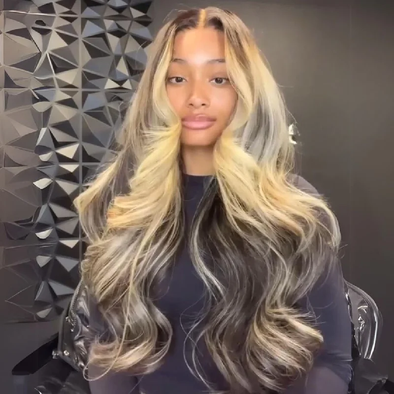 Blonde Balayage Glueless Wigs 13X4 Natural Wavy Lace Front Human Hair Wigs Ombre Blonde With Dark Roots Pre Plucked