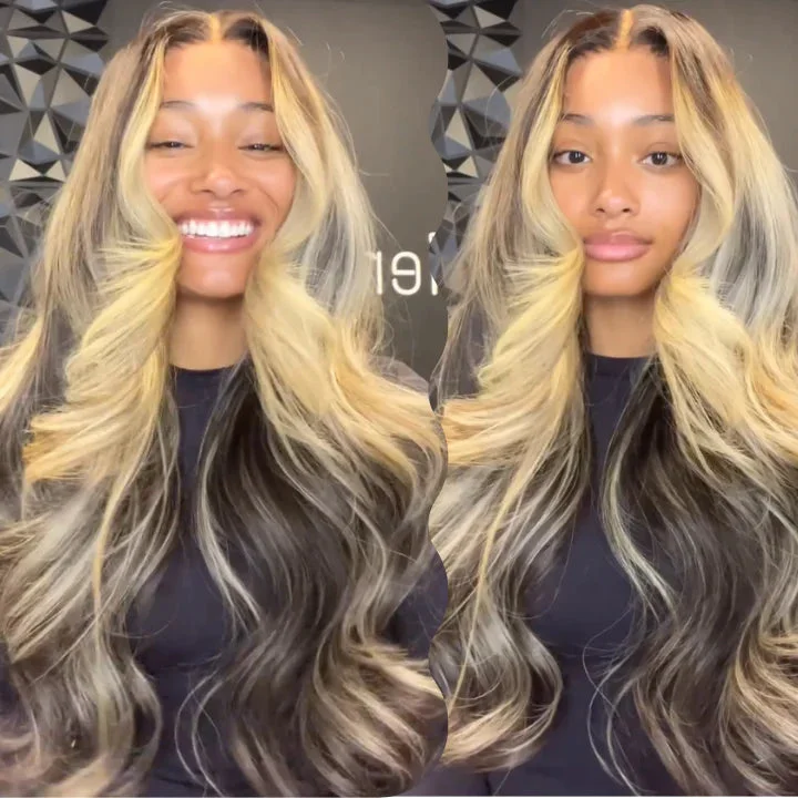 Blonde Balayage Glueless Wigs 13X4 Natural Wavy Lace Front Human Hair Wigs Ombre Blonde With Dark Roots Pre Plucked