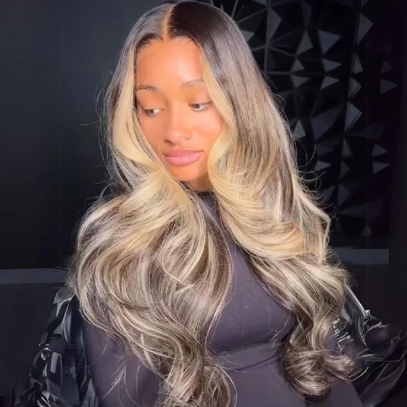 Blonde Balayage Glueless Wigs 13X4 Natural Wavy Lace Front Human Hair Wigs Ombre Blonde With Dark Roots Pre Plucked