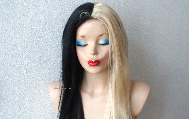 28"" Lace Front Blonde Black Side by Side Straight Layered Wig