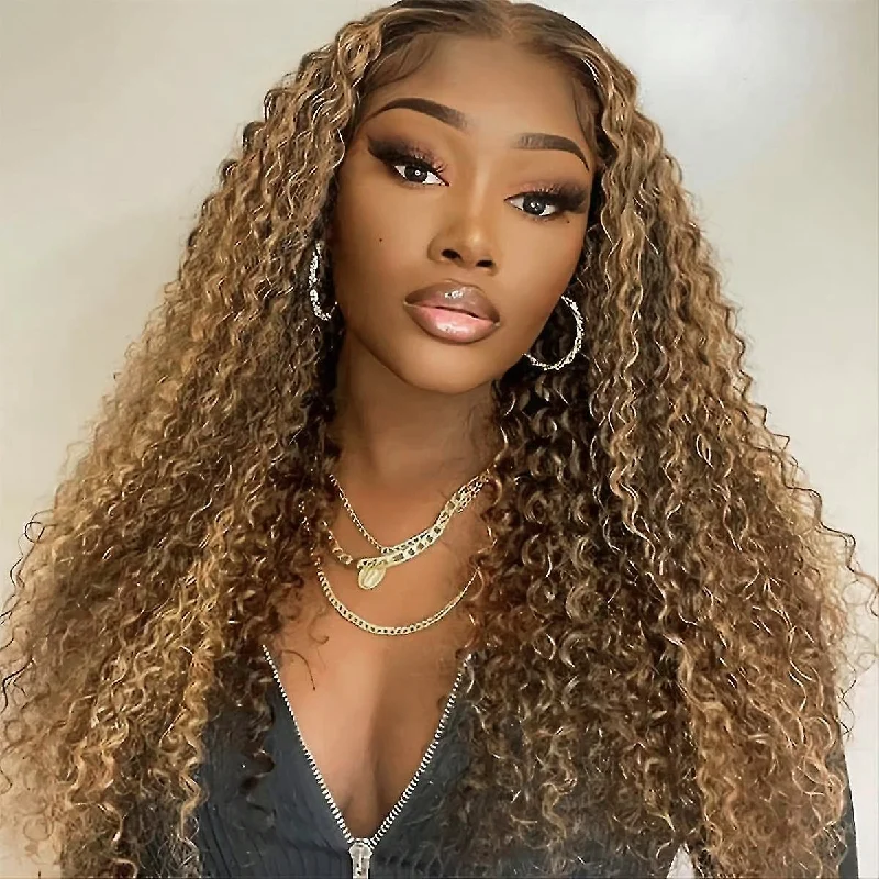 Blonde Curly Wig #4/27 Highlight Mix Color Human Hair Swiss Lace Front Wig