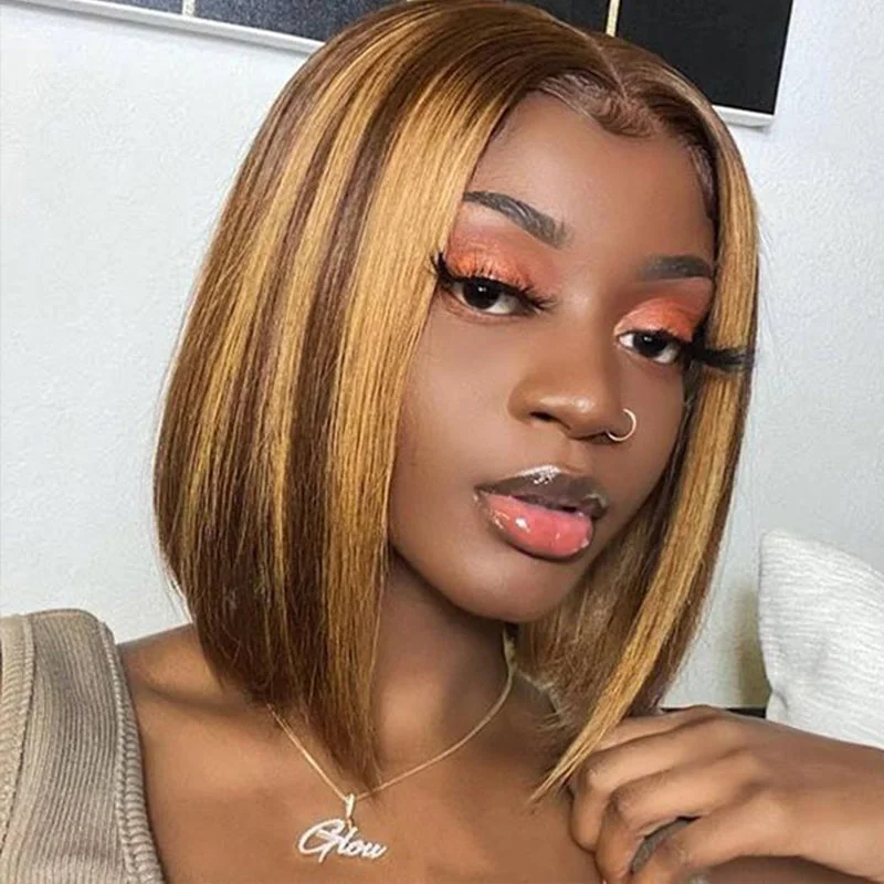 Blonde Highlight Straight Bob Front Lace Wig Human Hair