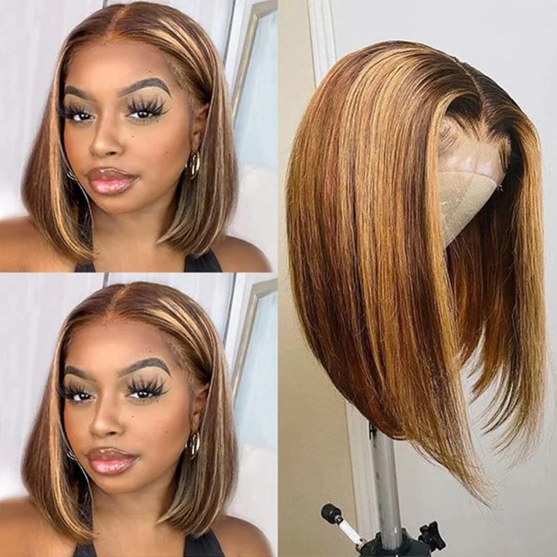 Blonde Highlight Straight Bob Front Lace Wig Human Hair