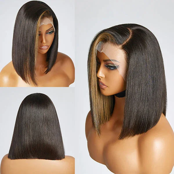 Flash Sale Blonde Highlight Bob Straight Wig Glueless Side Part Lace Front Wigs 180% Density - Geeta Hair