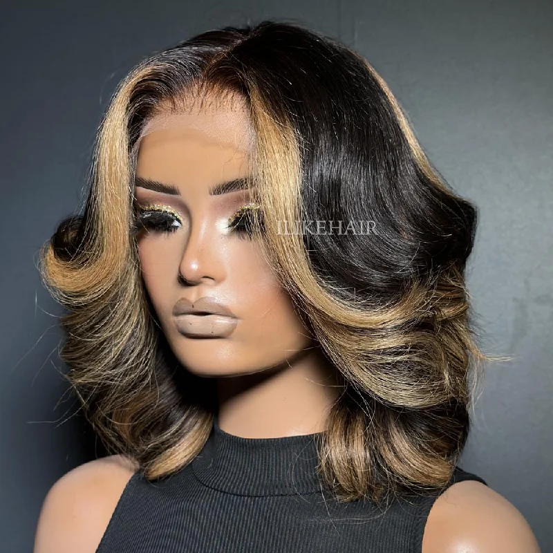 Blonde Highlights Layered Wavy Bob Lace Wig