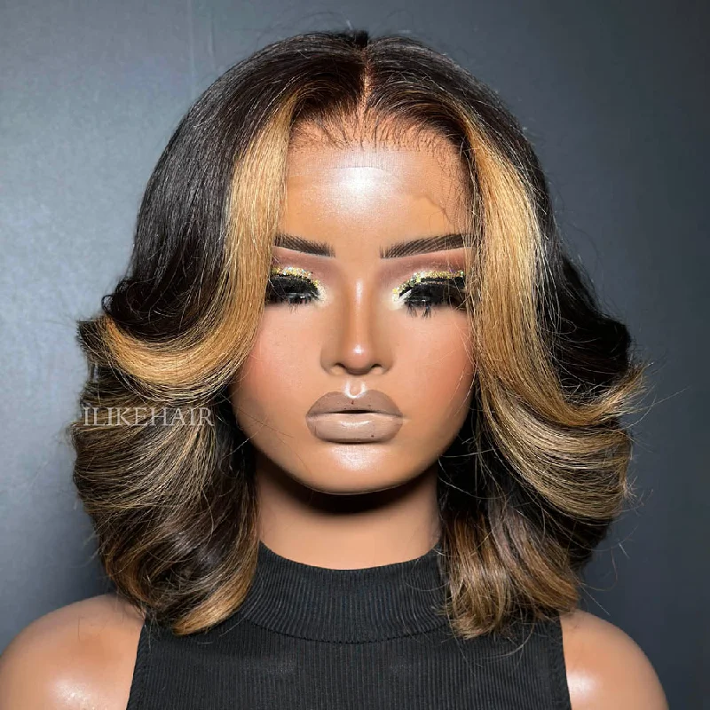 Blonde Highlights Layered Wavy Bob Lace Wig