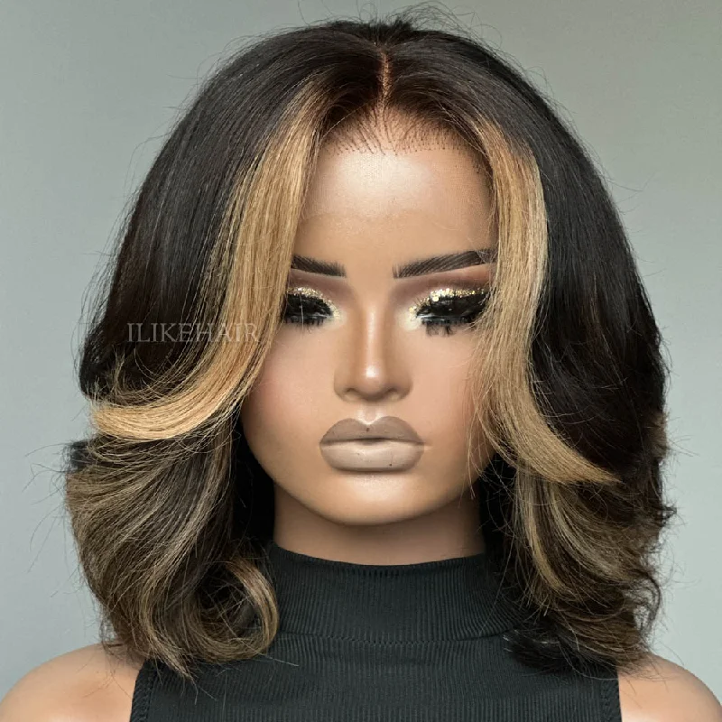 Blonde Highlights Layered Wavy Bob Lace Wig