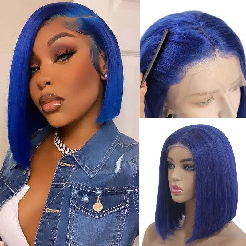 Blue Straight Hair Wigs 13*4/4*4 HD Transparent Lace Front Short Bob Wigs 180 210 Density Human Hair Wigs Vrvogue Hair