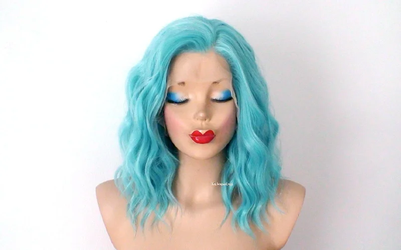 16"" Lace Front Lace Part Pastel Turquoise Short Wavy Hairstyle Wig