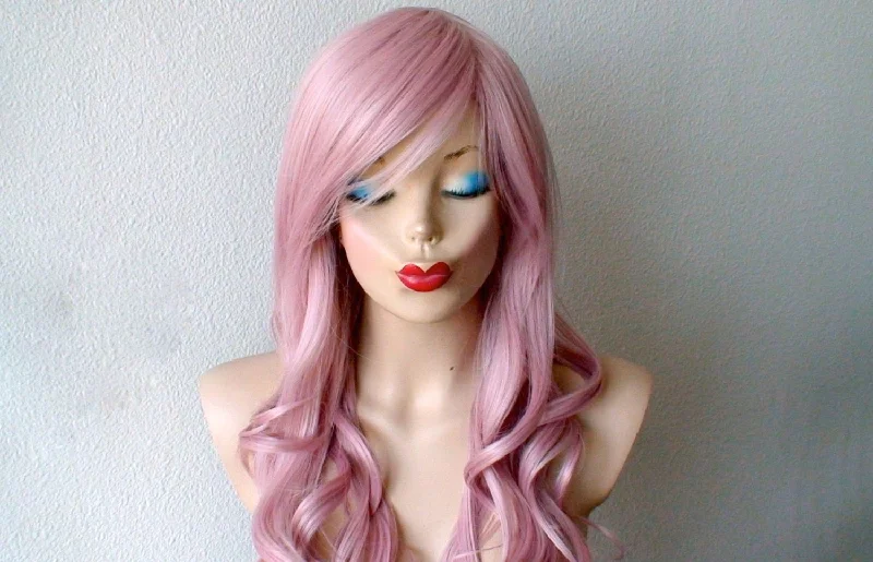 26"" Lace Front Pastel Blush Pink Long Curly Hair Long Side Bangs Wig