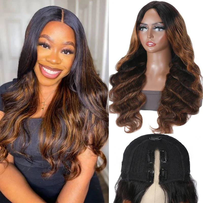 Vrvogue Hair Body Wave V Part Wigs Ombre Balayage Colored Virgin Human Hair Glueless Wigs Meets Real Scalp