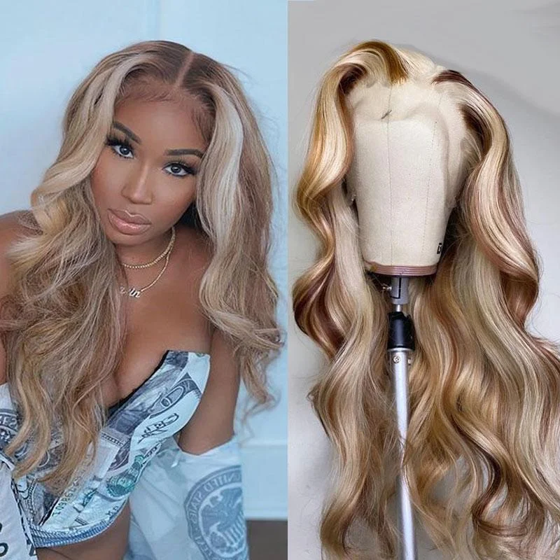 30 Inch 250% Density Brazilian 13*4/T Part Lace Front Wig Transparent Lace Wig Highlight 613 Honey Blonde Body Wave Wig