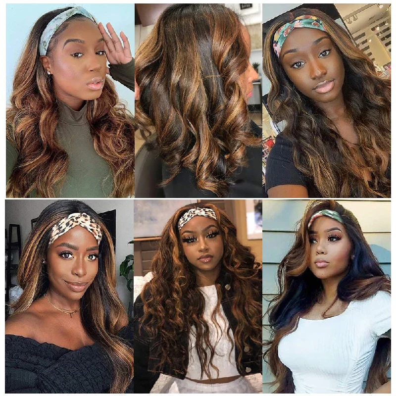 Brazilian Body Wave Wigs Highlight Ombre #4/27 Glueless Headband Wigs 180 210 Density Human Hair Wigs