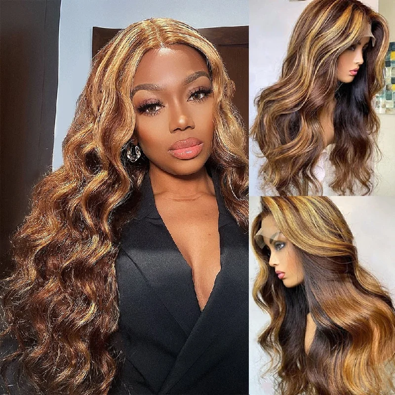 Brazilian Honey 14- 30 Inch Highlight Body Wave 13x4/T Part/4x4 Lace Wigs Human Hair Wigs Vrvogue Hair