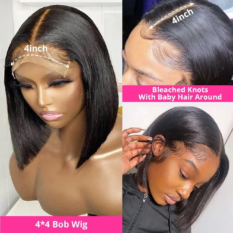 Brazilian Straight Hair Wigs 4x4/13x4 Transparent Lace Short Bob Wig 180 210 Density Human Hair Wig