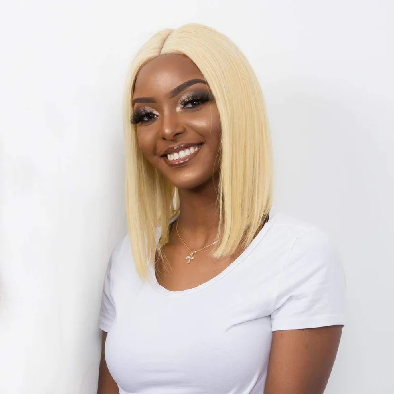 Glueless 4x4 HD Lace Closure Wig Bob 12"" Platinum Blonde