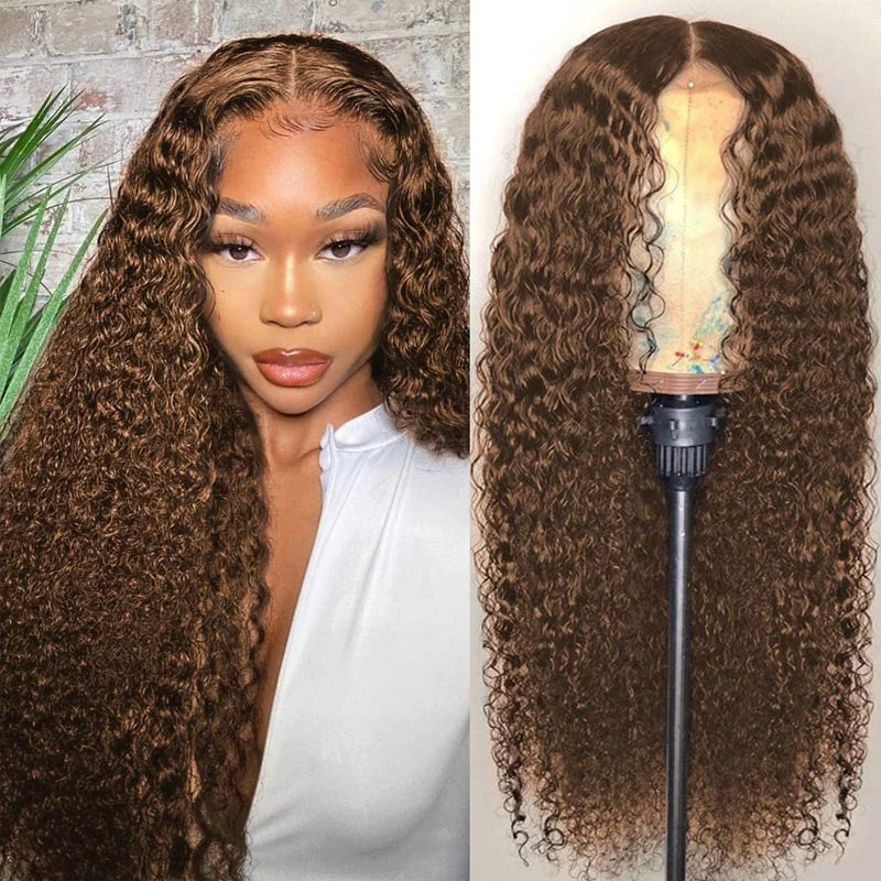 Vrvogue Hair Brown Color 13x4 / T Part / 4x4 Lace Wigs 14- 30 Inch Brazilian Virgin Hair Curly Wig