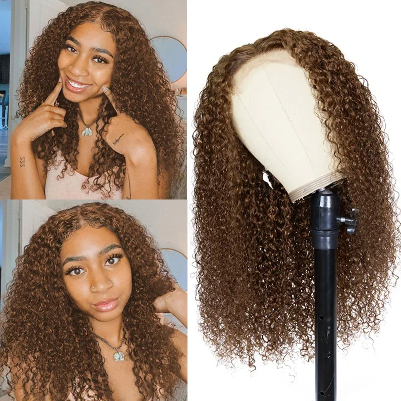 Vrvogue Hair Brown Color 13x4 / T Part / 4x4 Lace Wigs 14- 30 Inch Brazilian Virgin Hair Curly Wig