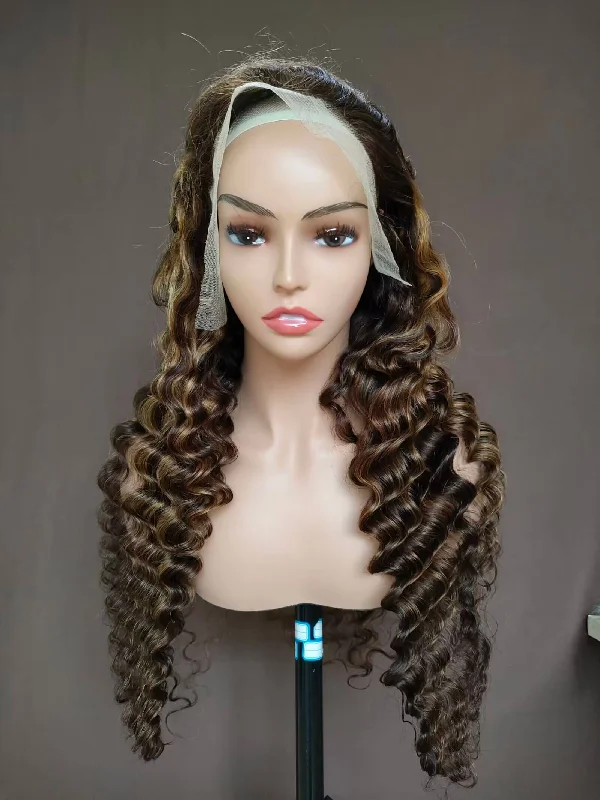 Brown Highlight Human Hair Deep Wave Wig Lace Frontal  for African American