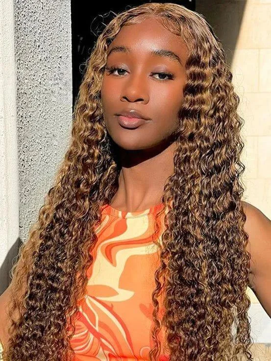 Brown Highlight Human Hair Deep Wave Wig Lace Frontal  for African American