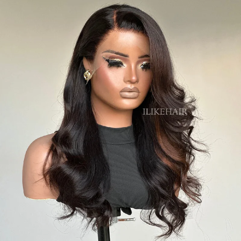 Brown Highlights Side Part Layered Cut Wavy 13x4 Lace Front Wig