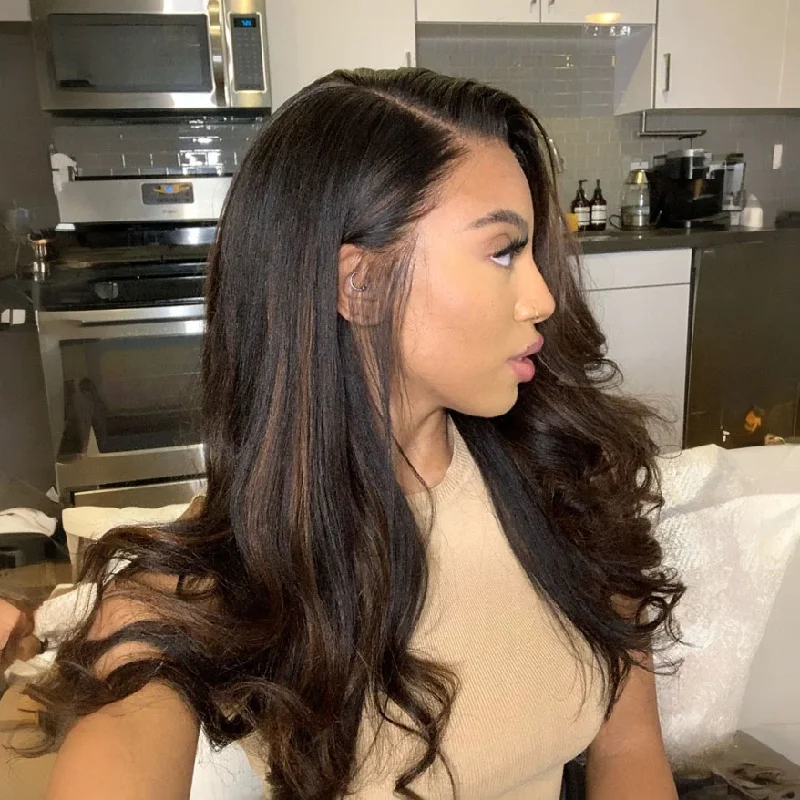 Brown Highlights Side Part Layered Cut Wavy 13x4 Lace Front Wig