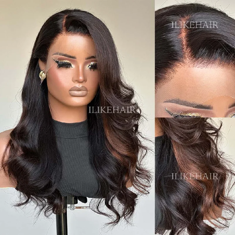 Brown Highlights Side Part Layered Cut Wavy 13x4 Lace Front Wig