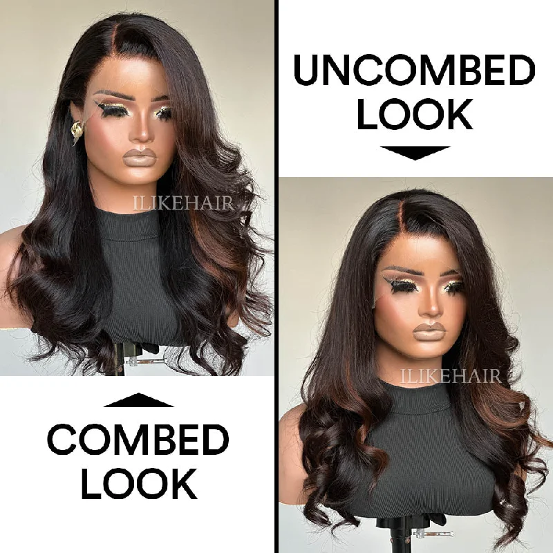 Brown Highlights Side Part Layered Cut Wavy 13x4 Lace Front Wig