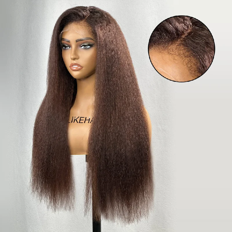 Brown Kinky Straight 4C Kinky Edge HD Lace Frontal Wig