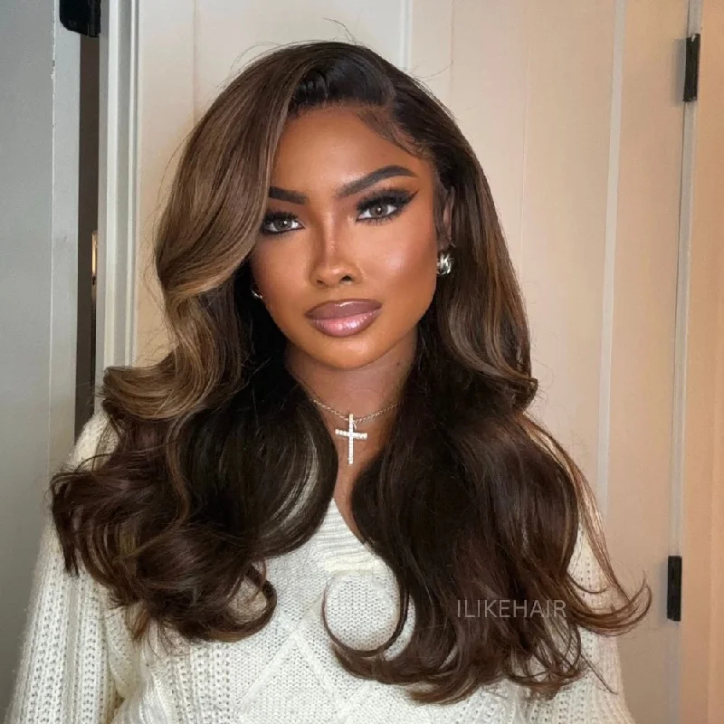 Brown With Blonde Highlights Side Part Layered Wavy 13x4 Lace Frontal Wig