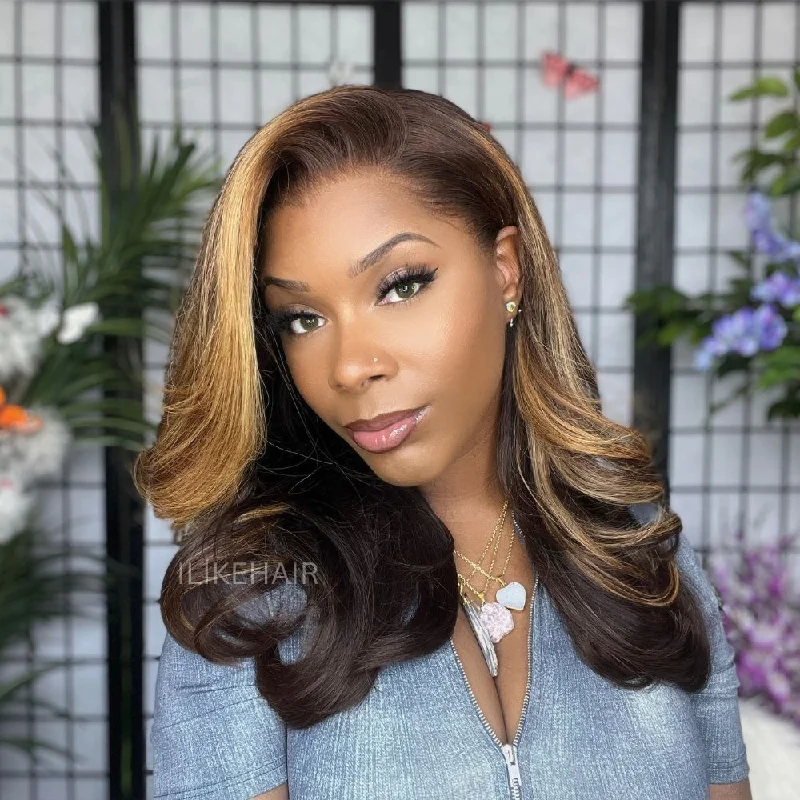 Brown With Blonde Highlights Side Part Layered Wavy 13x4 Lace Frontal Wig