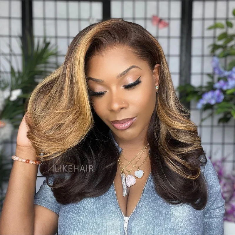 Brown With Blonde Highlights Side Part Layered Wavy 13x4 Lace Frontal Wig