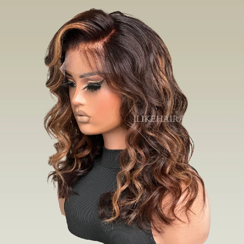 Brown With Blonde Highlights Wavy 13x4 Lace Front Wig