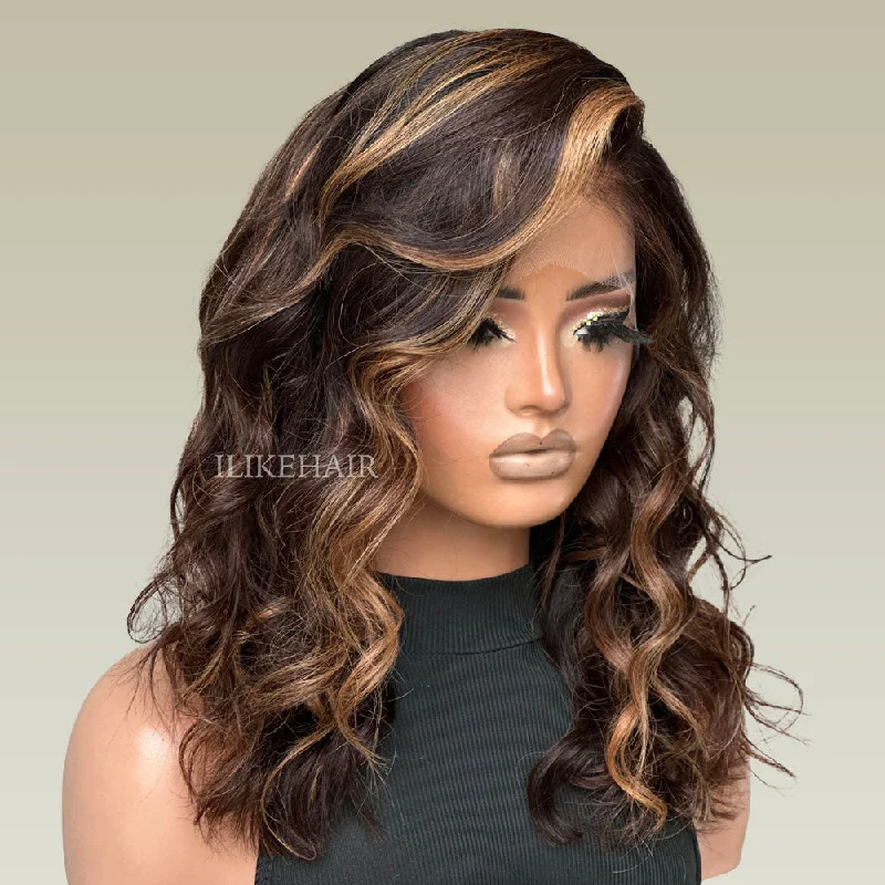 Brown With Blonde Highlights Wavy 13x4 Lace Front Wig