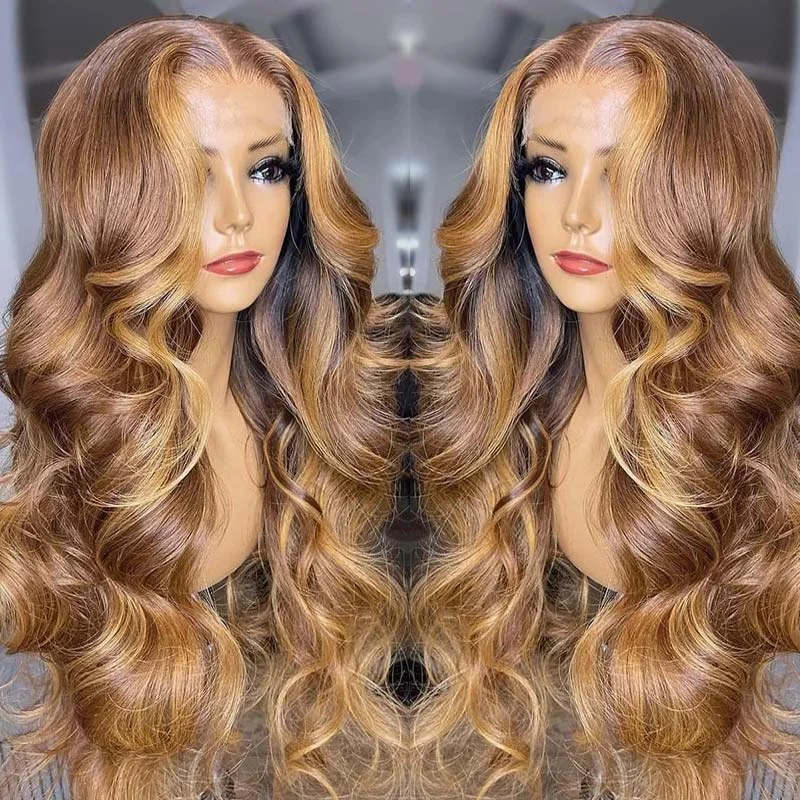 Charming Honey Blonde Highlight Body Wave Vrgin Human Hair Wigs 13x4 Middle Part Lace Front Wig