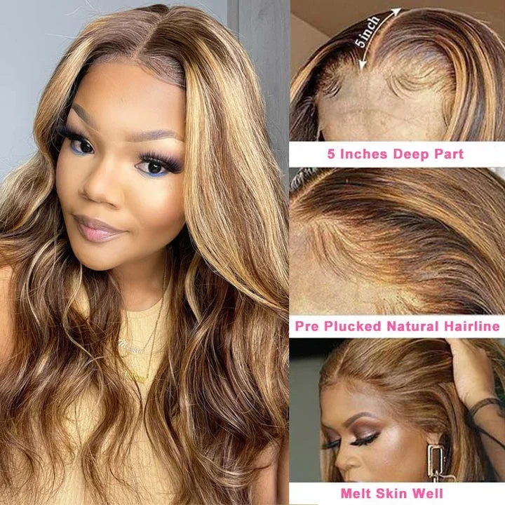 Charming Honey Blonde Highlight Body Wave Vrgin Human Hair Wigs 13x4 Middle Part Lace Front Wig