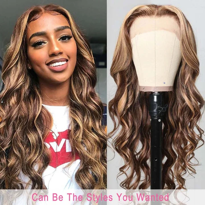 Charming Honey Blonde Highlight Body Wave Vrgin Human Hair Wigs 13x4 Middle Part Lace Front Wig