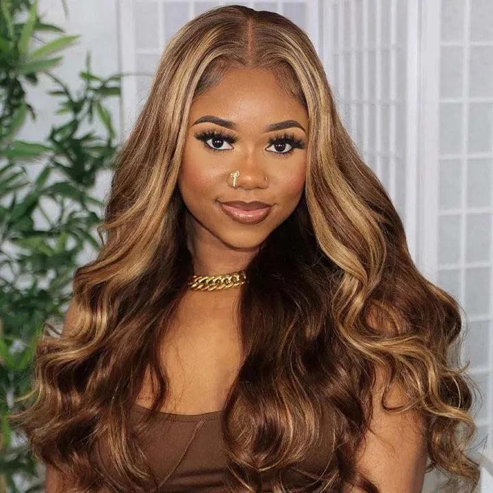 Charming Honey Blonde Highlight Body Wave Vrgin Human Hair Wigs 13x4 Middle Part Lace Front Wig