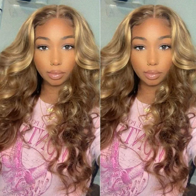 Charming Honey Blonde Highlight Body Wave Vrgin Human Hair Wigs 13x4 Middle Part Lace Front Wig