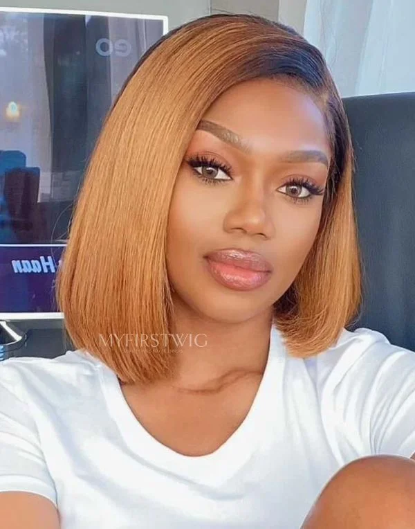 COVERUPBYSELORM - Malaysian Human Hair Ombre Brown Bob Glueless Lace Front Wig - CBS030