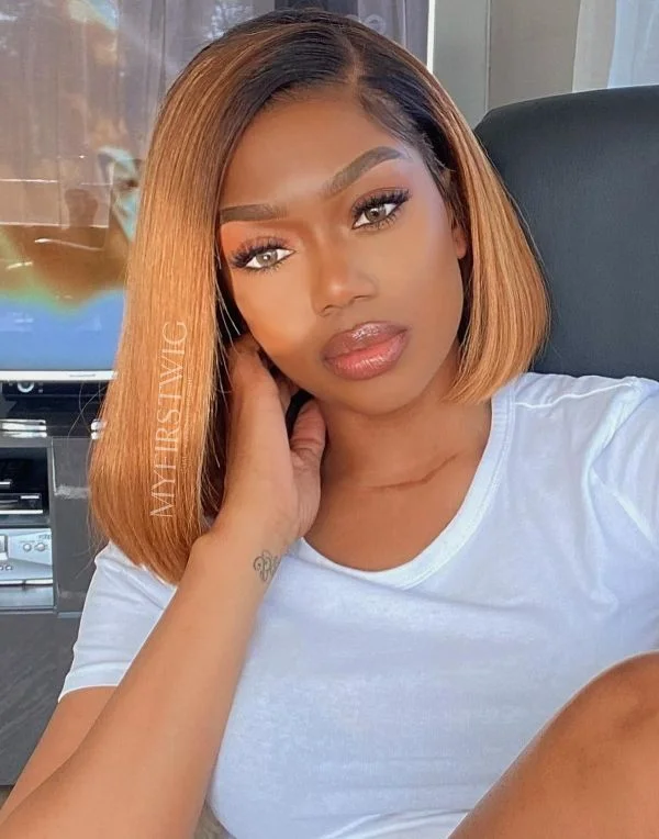 COVERUPBYSELORM - Malaysian Human Hair Ombre Brown Bob Glueless Lace Front Wig - CBS030