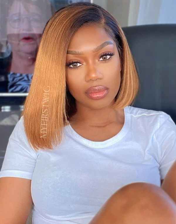 COVERUPBYSELORM - Malaysian Human Hair Ombre Brown Bob Glueless Lace Front Wig - CBS030