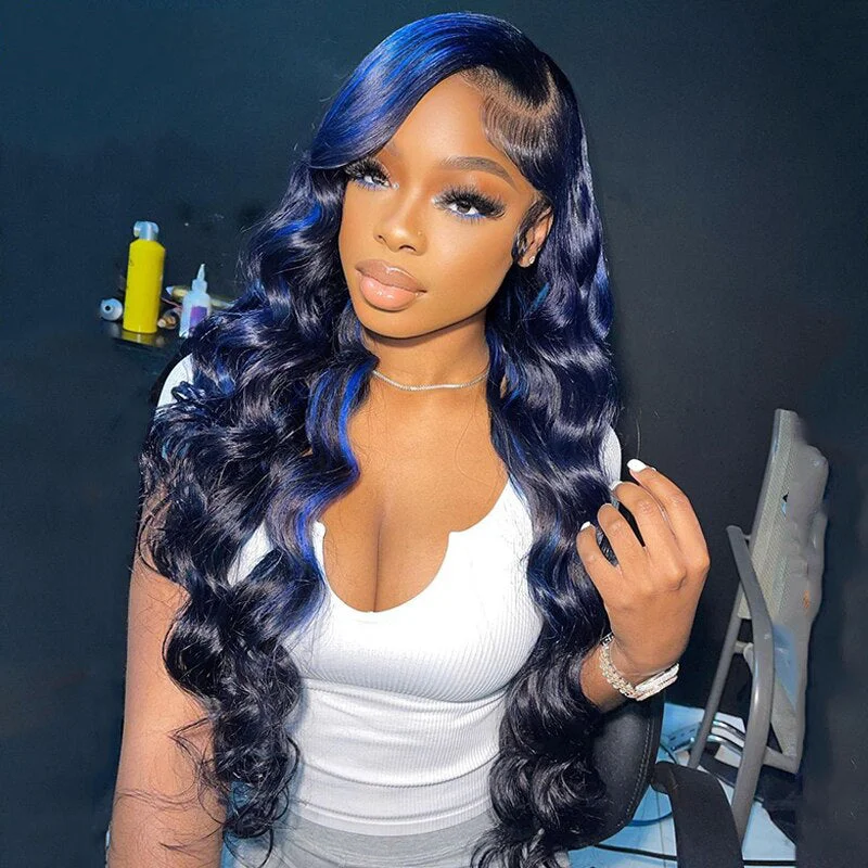 Cranberry 13x4 Lace Frontal Highlights Blue Wig Peruvian Body Wave Human Hair Wigs 5x5 Lace Closure Wig Pre-Plucked With Baby Hair