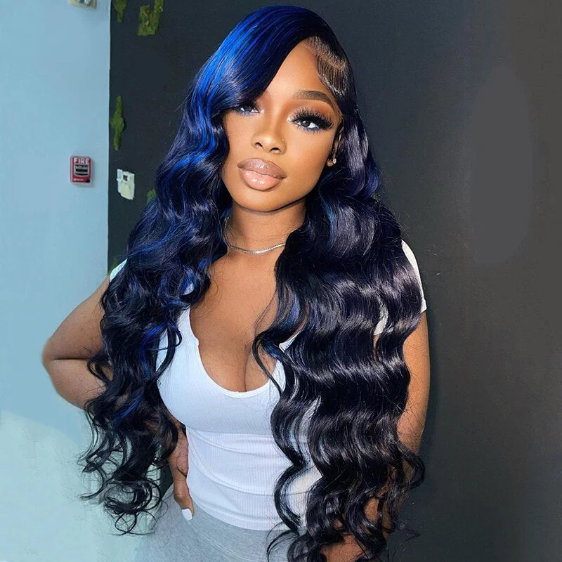 Cranberry 13x4 Lace Frontal Highlights Blue Wig Peruvian Body Wave Human Hair Wigs 5x5 Lace Closure Wig Pre-Plucked With Baby Hair