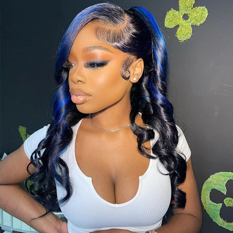 Cranberry 13x4 Lace Frontal Highlights Blue Wig Peruvian Body Wave Human Hair Wigs 5x5 Lace Closure Wig Pre-Plucked With Baby Hair