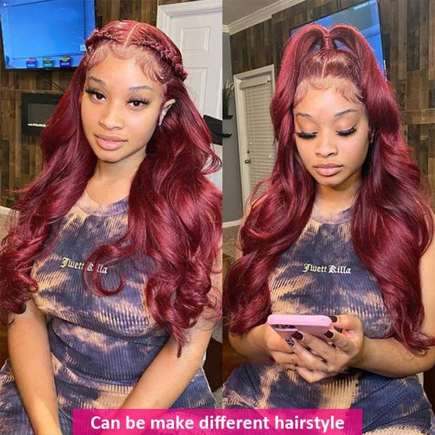 Cranberry 99J Body Wave Pre Pluck Peruvian Burgundy Colored Transpant T Part Lace Wig