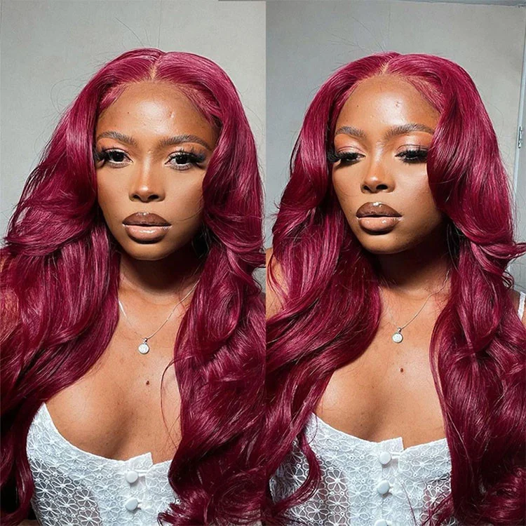 Cranberry 99J Body Wave Pre Pluck Peruvian Burgundy Colored Transpant T Part Lace Wig