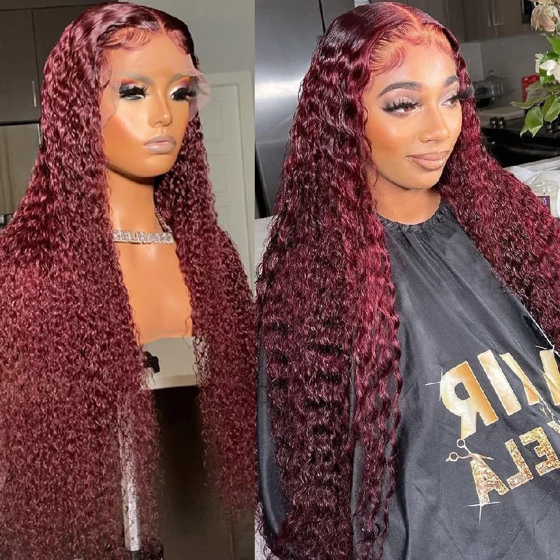 Cranberry 99J Hair Color Deep Wave Lace Front Wig Burgundy Colored Wig