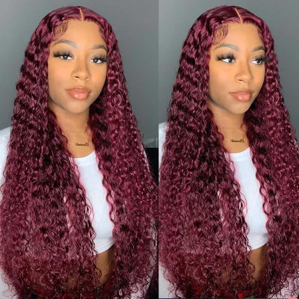 Cranberry 99J Hair Color Deep Wave Lace Front Wig Burgundy Colored Wig