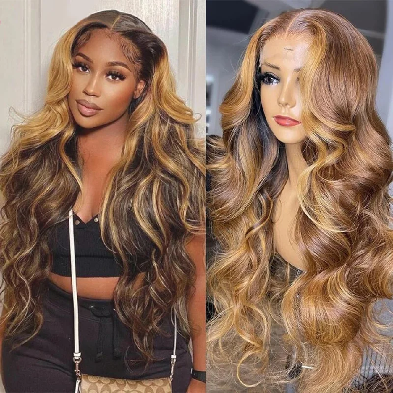 Cranberry Honey Blonde Body Wave Pre-Plucked HD 13x4 Lace Frontal Wigs Highlight Wigs Human Hair Wigs